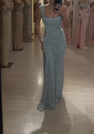 Elegant Light Blue Square Neck Sheath Beading Long Prom Dresses Fashion Formal Evening Gowns with Slits  ED02980