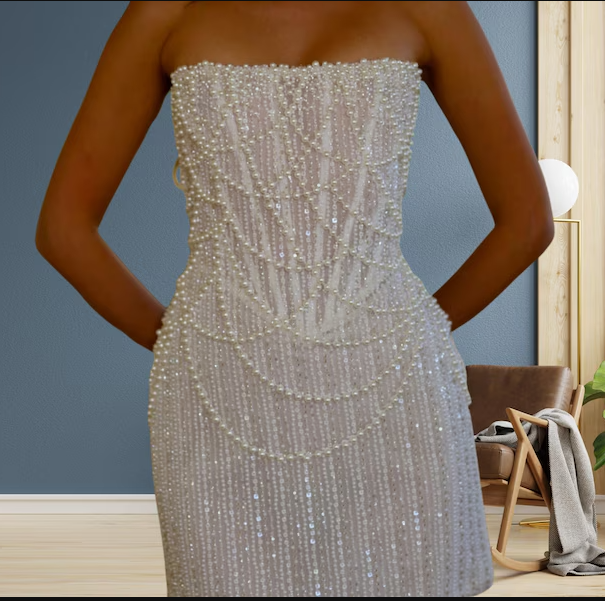 White Strapless Bodycon Beaded Short Evening Dress Birthday Party Dress HZ1024