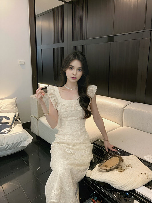 Break French Lace Embroidery Floral Ruffle Dress HZ1024