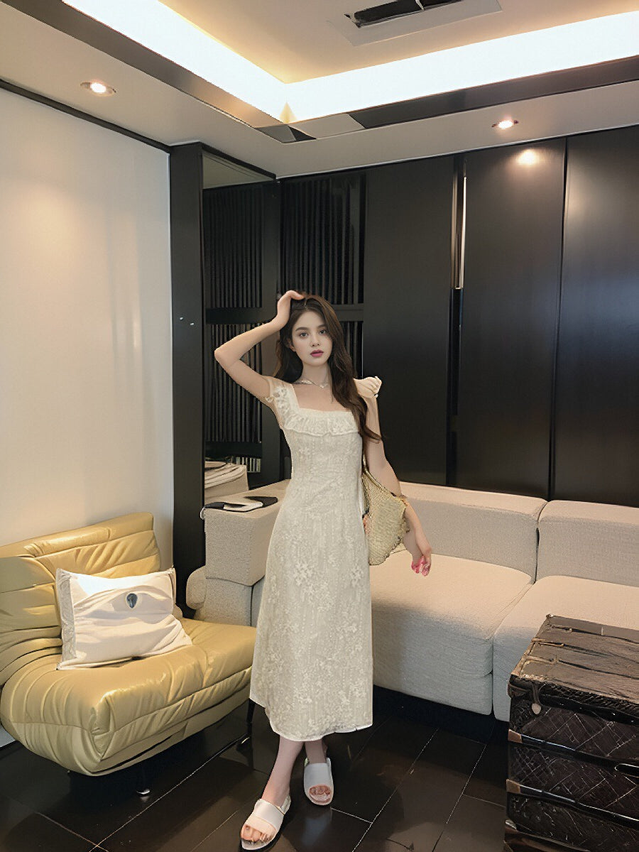 Break French Lace Embroidery Floral Ruffle Dress HZ1024