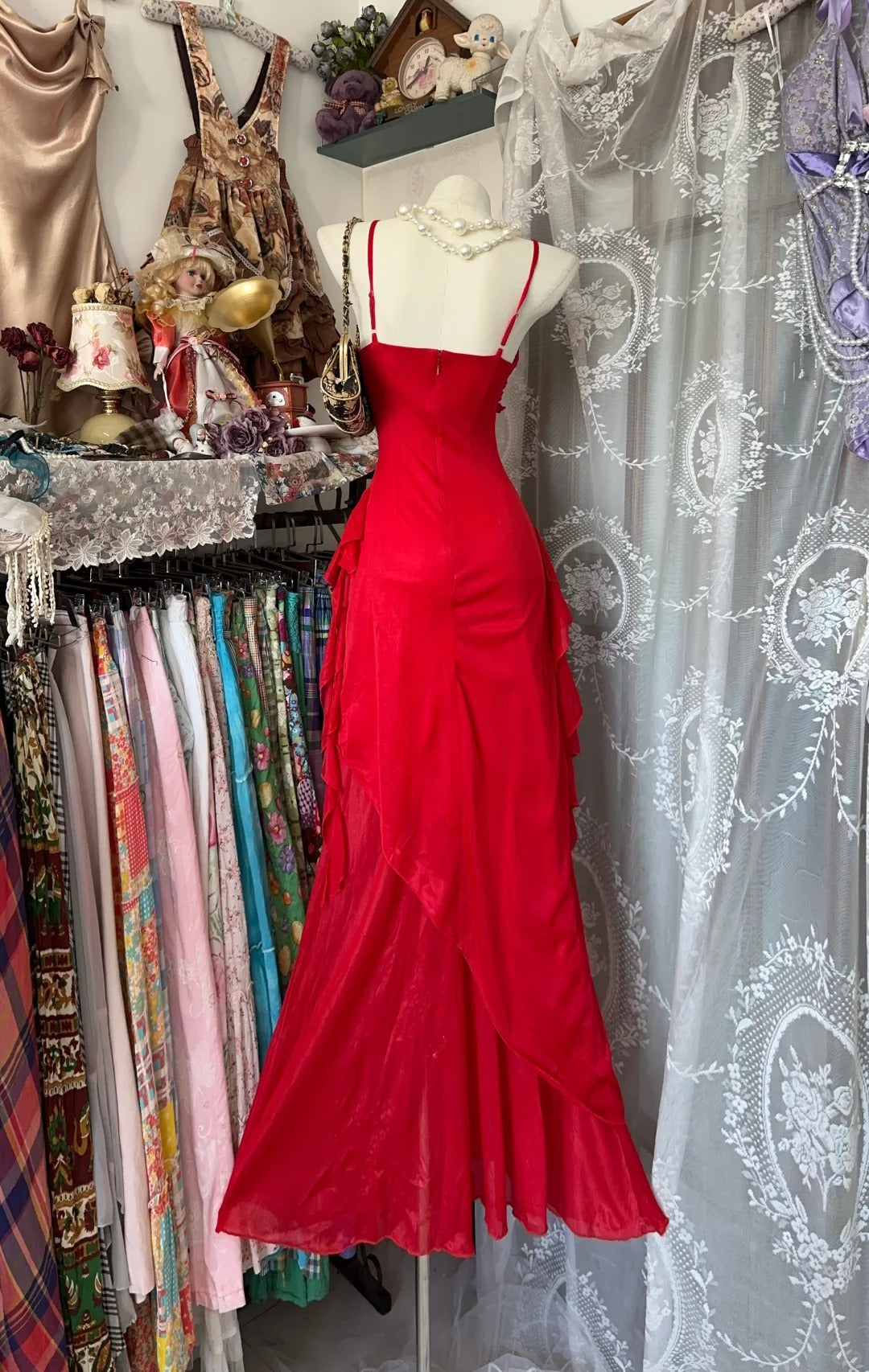Red Spaghetti Strap Sheath Chiffon Long Prom Dresses Elegant Wedding Guest Dresses HZ1024