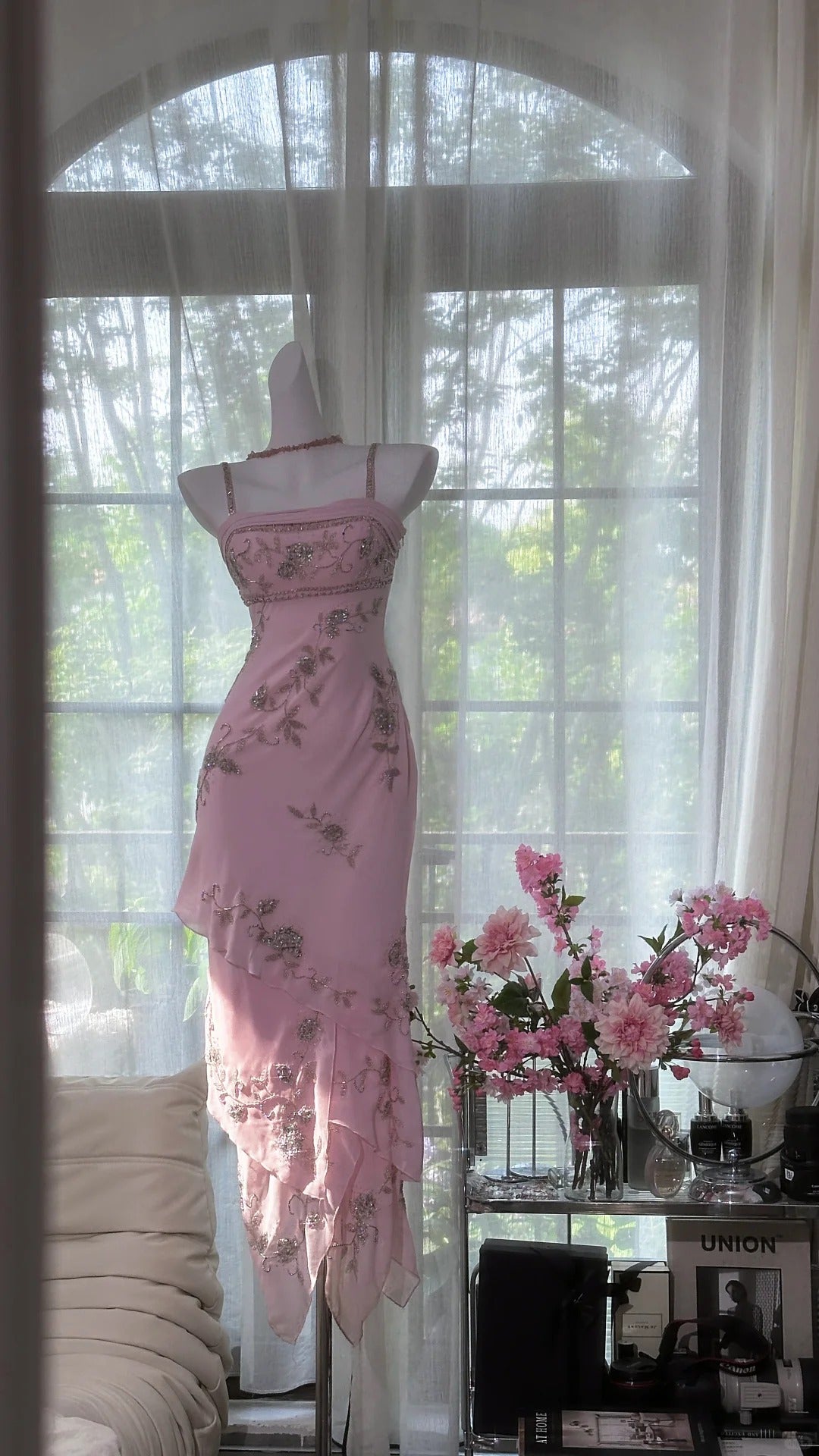 Classic Square Neck Pink Sheath Beaded Chiffon Prom Dresses Vintage Evening Gowns ED02992