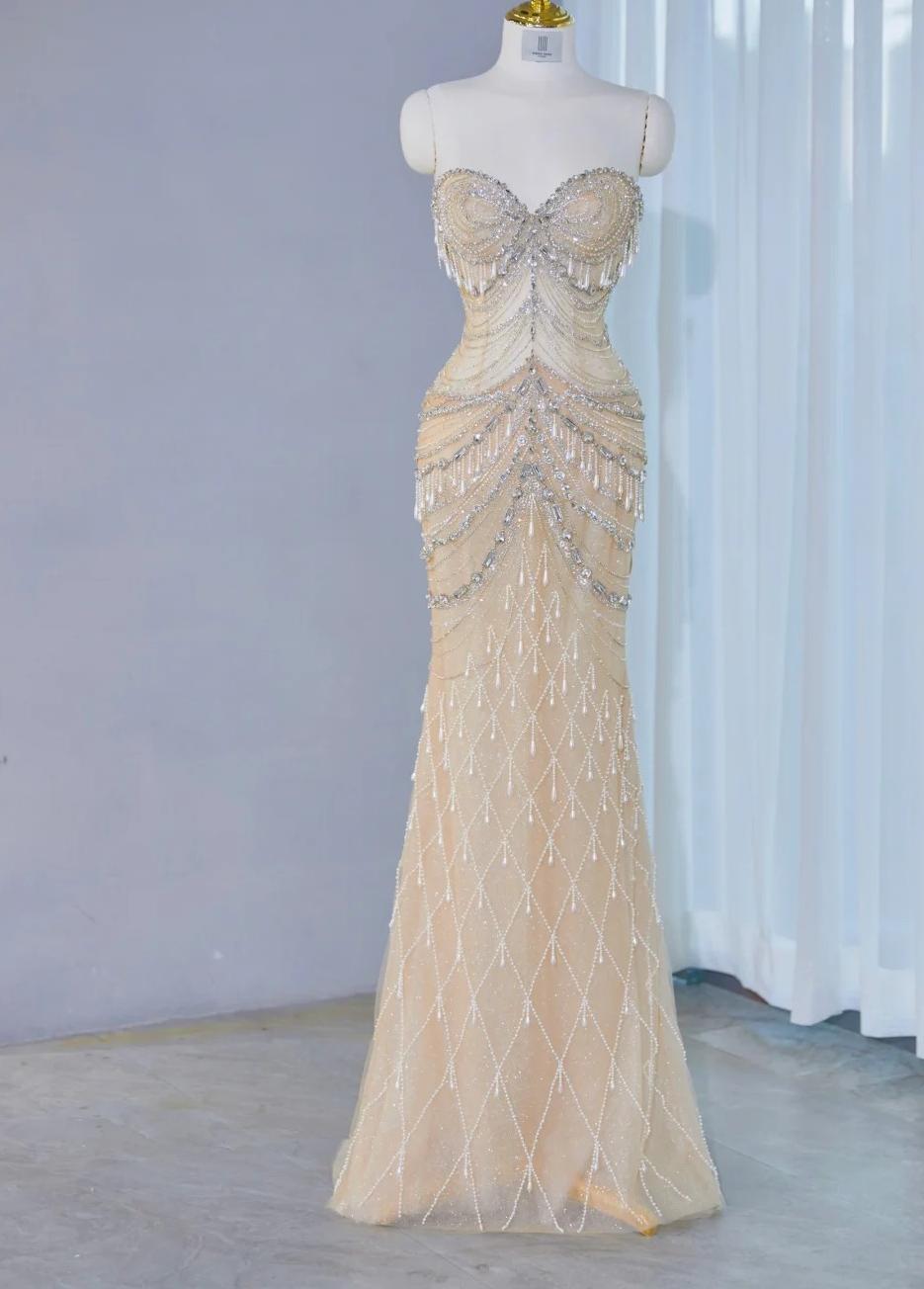 Stunning Light Champagne Sweetheart Mermaid Tulle Beading Long Prom Dresses Formal Evening Gowns ED02995