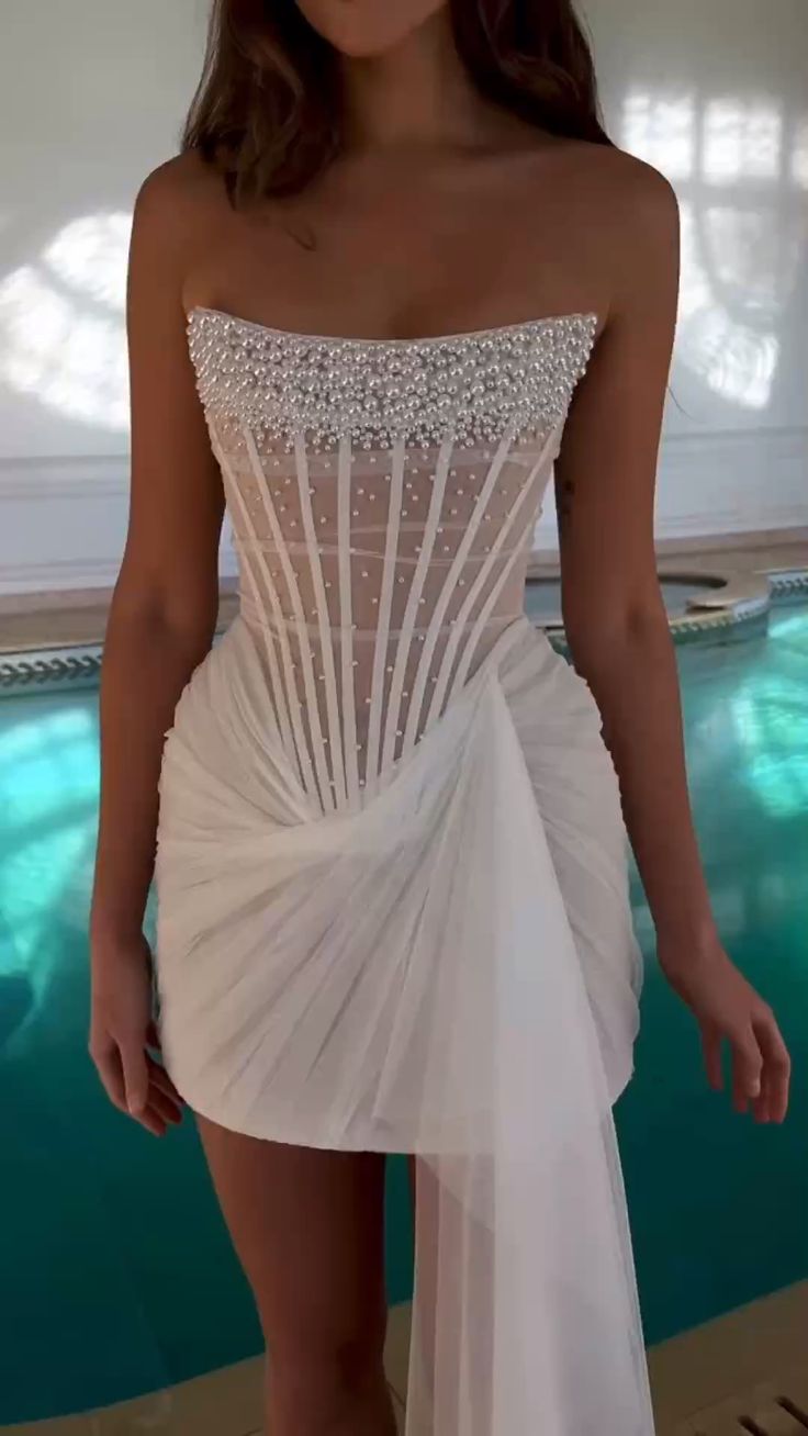 White Strapless Sheath Tulle Beaded Short Evening Gowns Fashion Homecoming Dress HZ1024