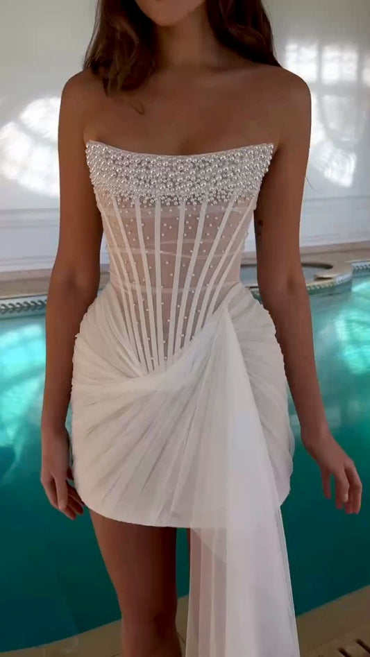 White Strapless Sheath Tulle Beaded Short Evening Gowns Fashion Homecoming Dress HZ1024