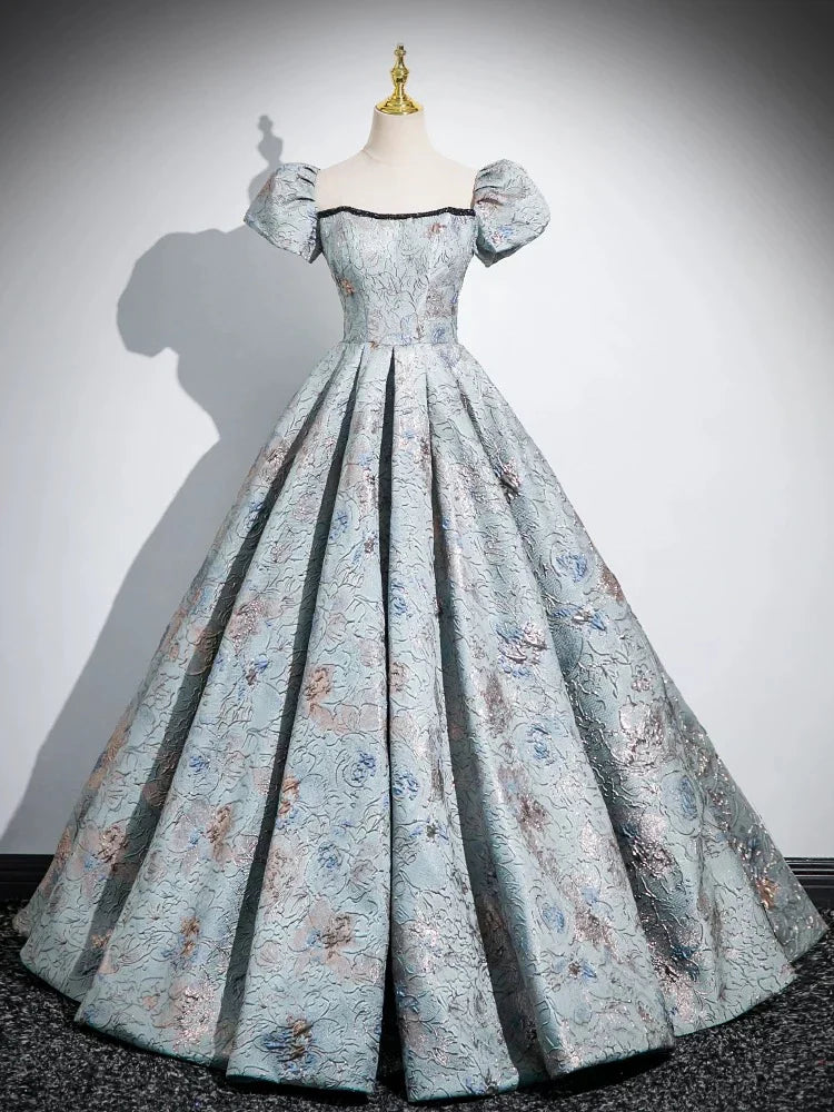 A-Line Satin Gray Blue Long Prom Dress, Gray Blue Long Formal Dress ED029