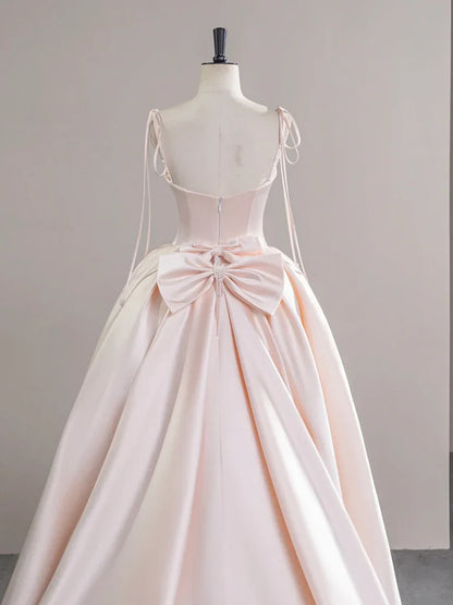 A-Line Satin Pink Champagne Long Prom Dress, Pink Champagne Long Evening Dress ED030