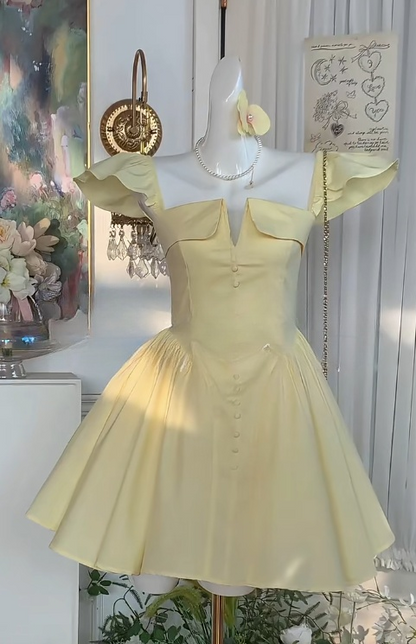 Butter Yellow Square Neck A-Line Short Birthday Party Dress Sweet Homecoming Dress HZ1024