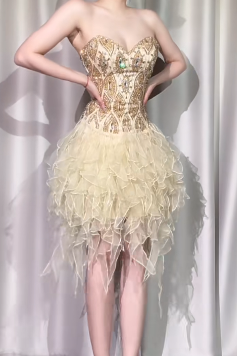 Gold Strapless A-Line Beaded Tulle Short Prom Dresses Gorgeous Homecoming Dresses HZ1024