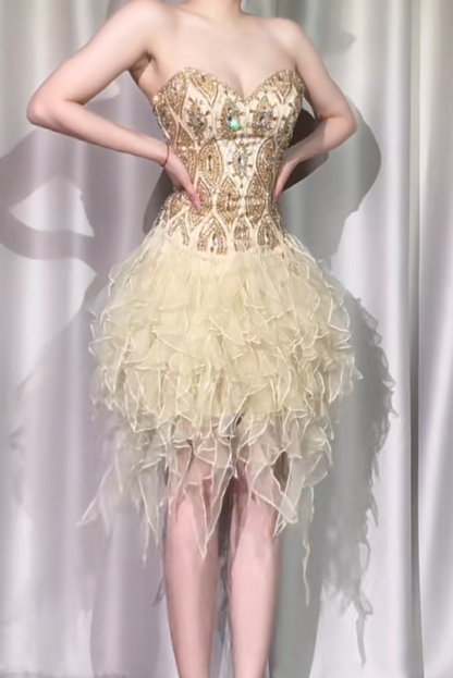Vintage Gold Strapless A-Line Beaded Tulle Short Prom Dresses Gorgeous Homecoming Dresses ED03008