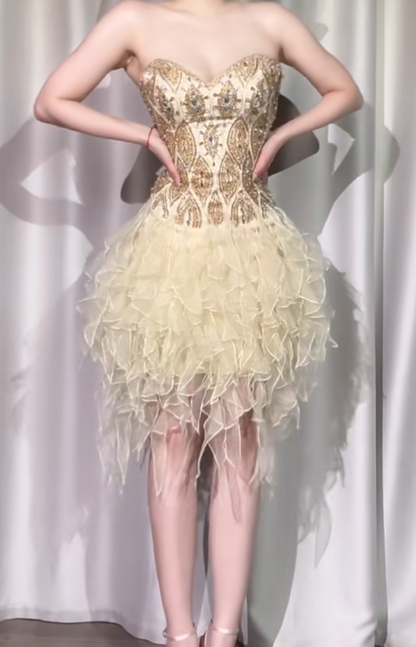 Vintage Gold Strapless A-Line Beaded Tulle Short Prom Dresses Gorgeous Homecoming Dresses ED03008