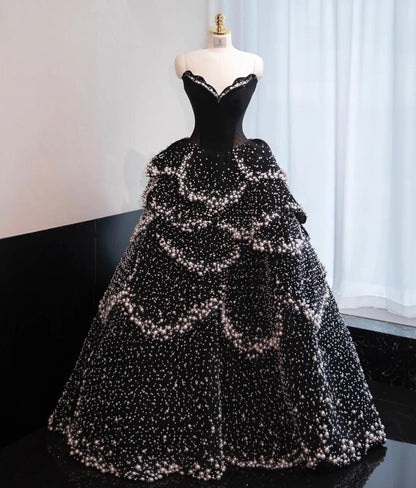 Black Strapless A-Line Velvet Beaded Long Evening Gown Elegant Wedding Dress HZ1024