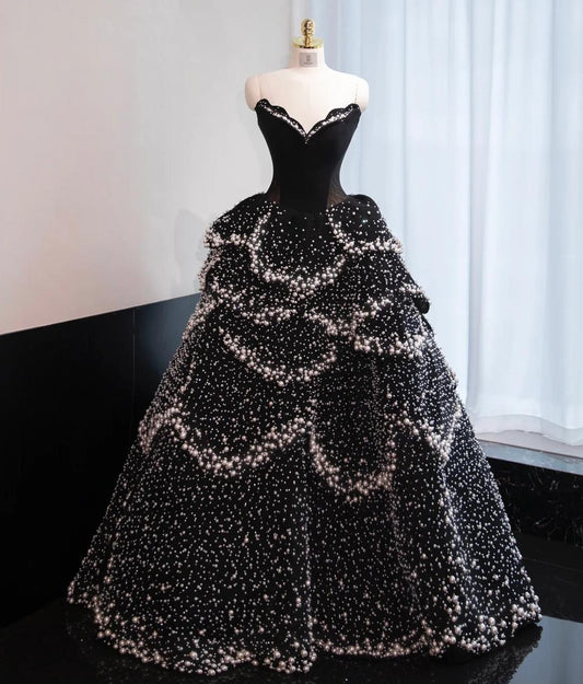 Black Strapless A-Line Velvet Beaded Long Evening Gown Elegant Wedding Dress HZ1024