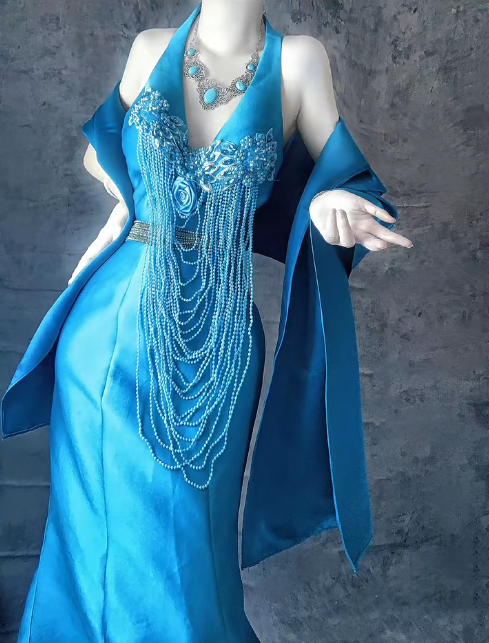 Blue Mermaid V Neck Satin Long Prom Dresses Formal Evening Dress with Open Back HZ1024