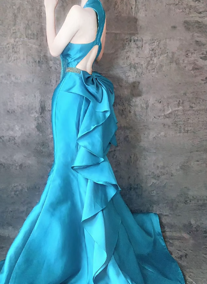 Blue Mermaid V Neck Satin Long Prom Dresses Formal Evening Dress with Open Back HZ1024