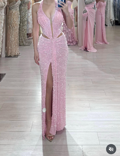 Pink Halter Sheath Glitter Two-piece Prom Dresses Formal Elegant Evening Dresses with Slits HZ1024
