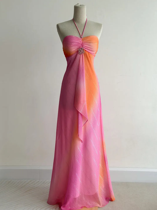 Gorgeous Pink/Orange Halter Neck Sheath Chiffon Long Prom Dresses Vintage Evening Dress ED03023