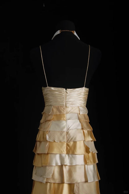 Vintage Gold Halter Sheath Satin Beaded Long Prom Dresses Gorgeous Evening Gowns ED03024