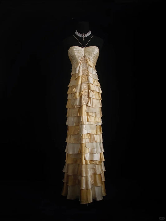 Vintage Gold Halter Sheath Satin Beaded Long Prom Dresses Gorgeous Evening Gowns ED03024