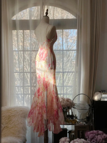 Elegant Spaghetti Straps Printed Chiffon Mermaid Evening Gowns Backless Long Stunning Prom Dresses ED03025