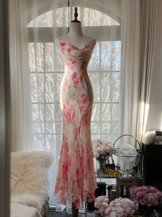 Elegant Spaghetti Straps Printed Chiffon Mermaid Evening Gowns Backless Long Stunning Prom Dresses ED03025