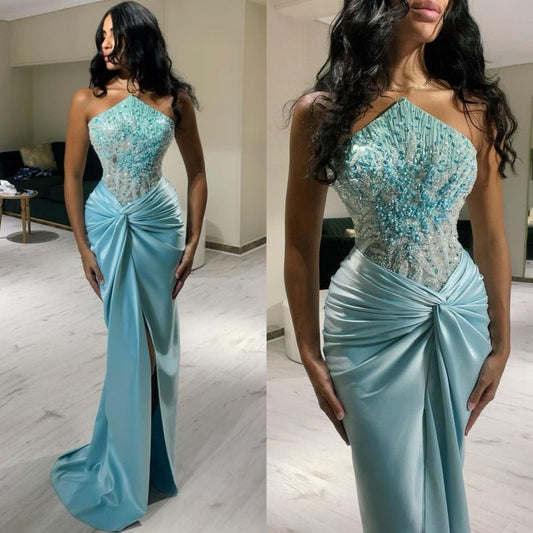 Blue Strapless Sheath Satin Beading Long Prom Dresses Formal Evening Gownsses HZ1024