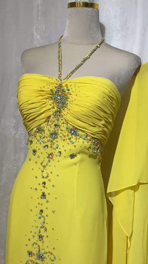 Yellow Halter Neck Sheath Chiffon Beaded Hi-Lo Prom Dresses Elegant Wedding Guest Dresses HZ1024