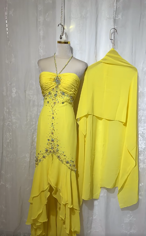 Yellow Halter Neck Sheath Chiffon Beaded Hi-Lo Prom Dresses Elegant Wedding Guest Dresses HZ1024