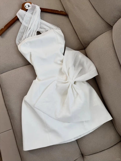Elegant White Halter A-Line Satin Short Party Dresses with Bow ED03032