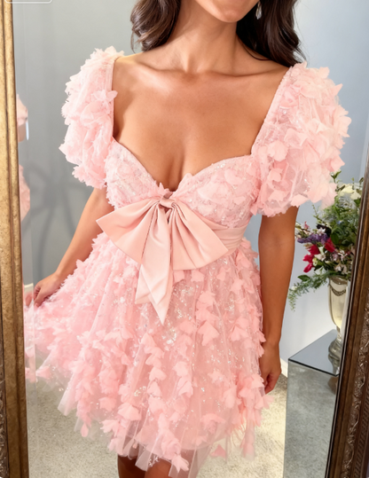Gorgeous Pink Sweetheart Neck A-Line Tulle Applique Short Prom Dresses Sweet Homecoming Dress ED03039