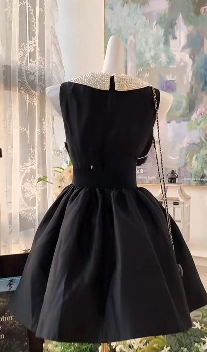 Elegant Black A-line Satin Beading Short Birthday Dress Daily Evening Dress ED03042