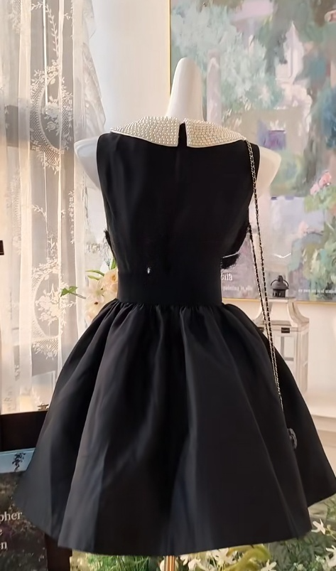 Elegant Black A-line Satin Beading Short Birthday Dress Daily Evening Dress ED03042