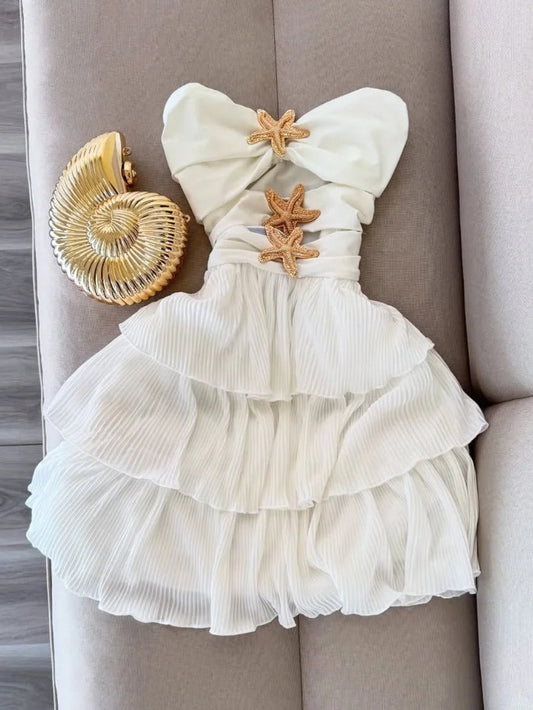 White Strapless A-Line Chiffon Short Party Dress Birthday Dress with Starfish HZ1024