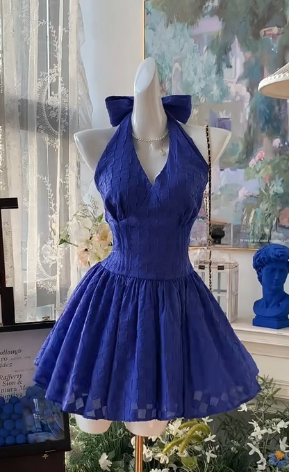 Elegant Navy Blue Halter A-Line Short Party Dress Sweet 16 Dress with Open Back ED03045
