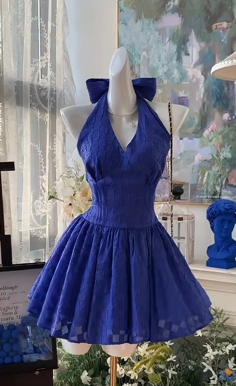 Elegant Navy Blue Halter A-Line Short Party Dress Sweet 16 Dress with Open Back ED03045