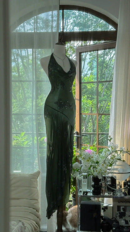 Vintage Green Halter Sheath Beaded Chiffon Long Prom Dresses Elegant Green Evening Gowns ED03052
