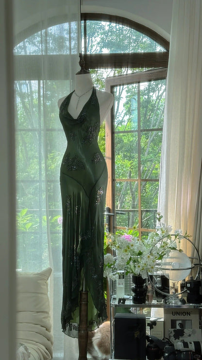 Vintage Green Halter Sheath Beaded Chiffon Long Prom Dresses Elegant Green Evening Gowns ED03052