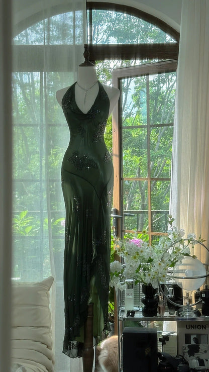 Vintage Green Halter Sheath Beaded Chiffon Long Prom Dresses Elegant Green Evening Gowns ED03052