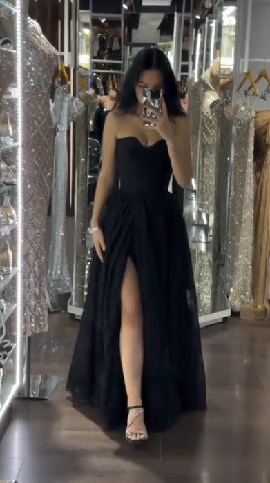 Black Strapless A-Line Tulle Long Prom Dresses Formal Evening Gowns HZ1024