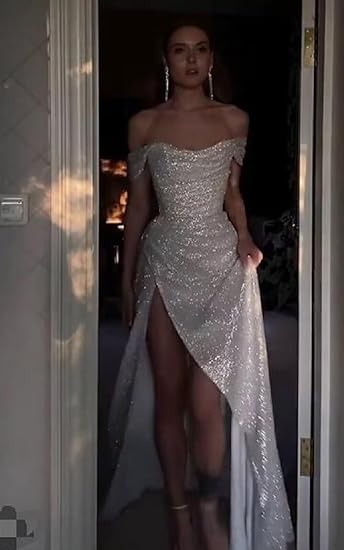 Fashion Beige Off Shoulder A-Line Sequin Long Prom Dresses Elegant Evening Gowns with Slits ED03056