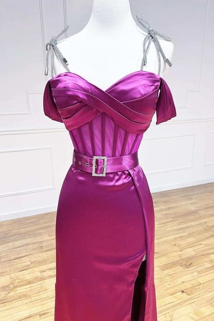 Fuchsia Spaghetti Straps Satin Formal Evening Dress with Slits HZ1024