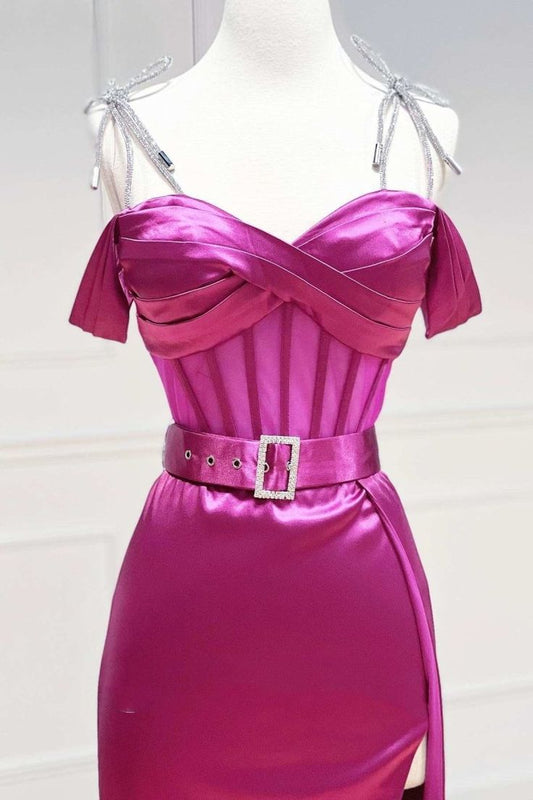 Fuchsia Spaghetti Straps Satin Formal Evening Dress with Slits HZ1024