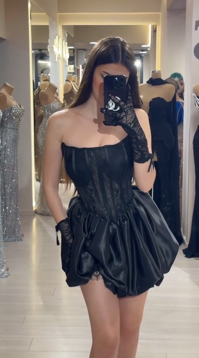 Black Strapless A-Line Satin Lace Short Evening Dress Fashion Birthday Party Dress HZ1024