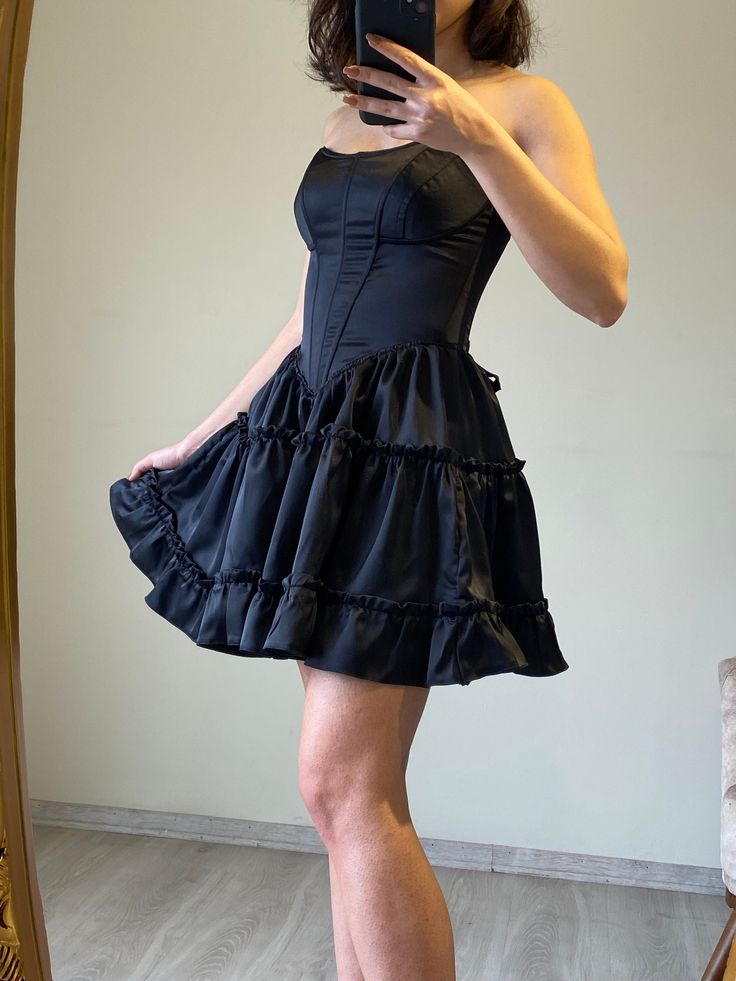 Black Strapless Bodycon A-Line Satin Short Party Dress Fashionable Homecoming Dress HZ1024