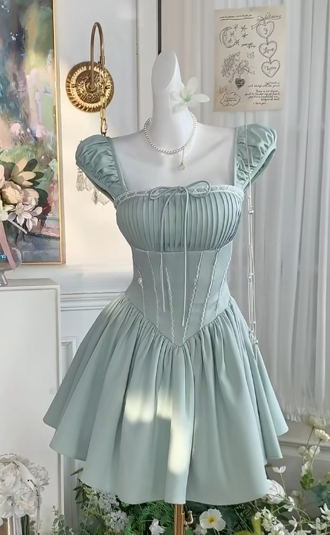 Mint Green Square Neck A-Line Satin Pleated Short Birthday Evening Dress Party Dress HZ1024