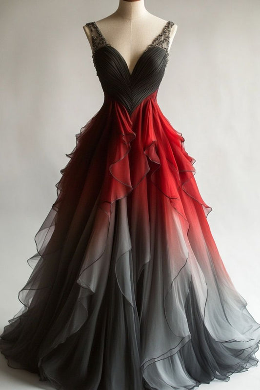 Gradient V-Neck A-Line Tulle Long Prom Dresses Unique Evening Dresses HZ1024