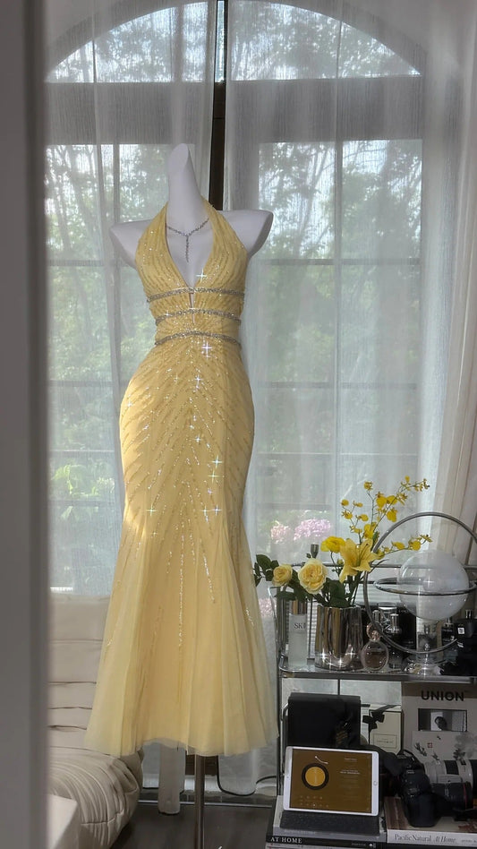 Butter Yellow V-neck Mermaid Tulle Beaded Long Prom Dresses Vintage Evening Dress with Open Back HZ1024