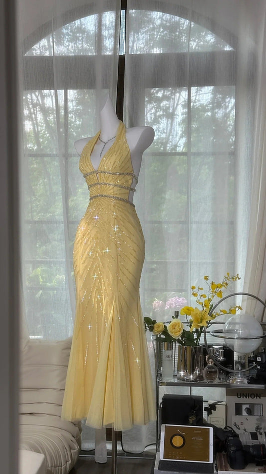 Butter Yellow V-neck Mermaid Tulle Beaded Long Prom Dresses Vintage Evening Dress with Open Back HZ1024
