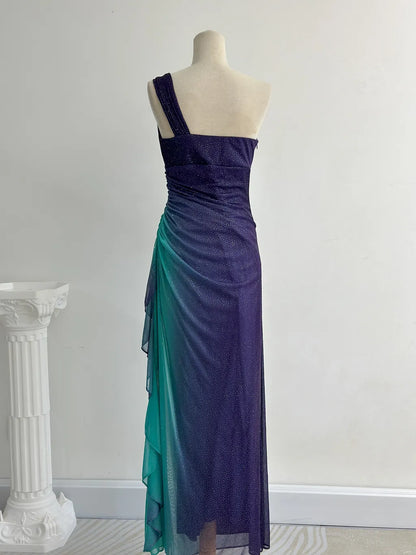 Glitter Navy Blue One Shoulder Sheath Chiffon Prom Dress Formal Elegant Evening Gowns ED03095