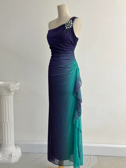 Glitter Navy Blue One Shoulder Sheath Chiffon Prom Dress Formal Elegant Evening Gowns ED03095